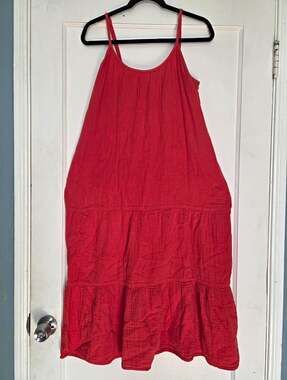 Pact Women's Orange Organic Cotton Strappy Scoop Neck Midi Tierd dress Sz M Boho
